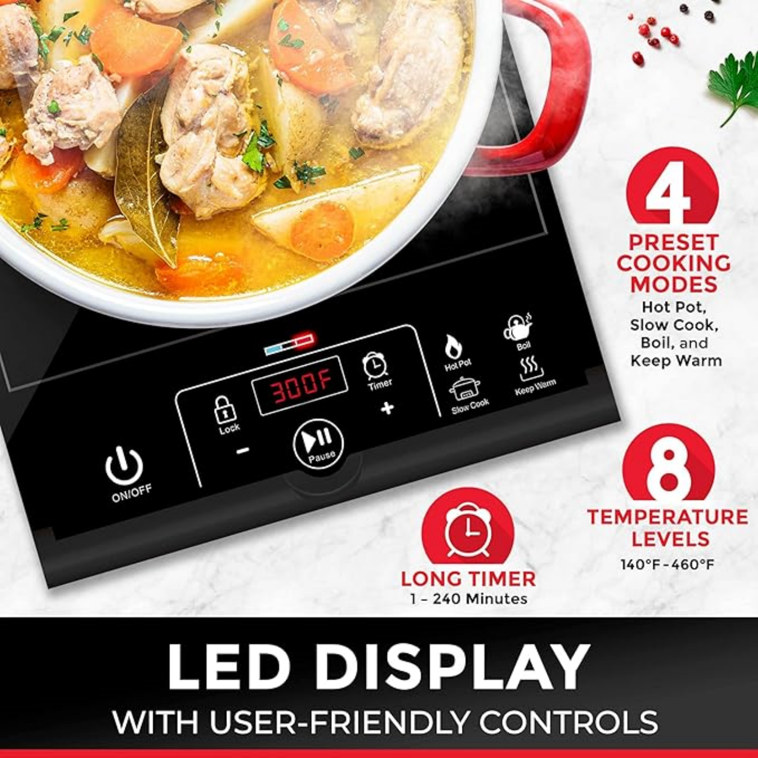 Portable Induction Cooktop, 1800W Hot Plate Electric Stove Top Burner. 8 Temp Levels, Auto-Off & Pot Detection, LED Display, Child Lock, 4 Programs, Burners for Cooking