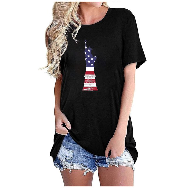 Tops Cortos para Mujeres Bandera de Moda Impresa Cuello Redondo, Camiseta de Manga 3/4 para Uso Diario, Casero Y Cómodo