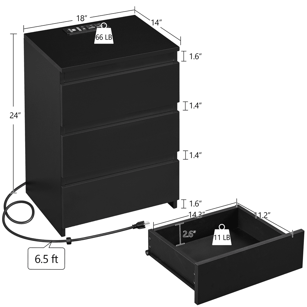 Renwick Minimalistic 3-Drawer Nightstand with Charging Station for Bedroom, Adults, Black