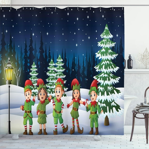 Ambesonne Elf Shower Curtain, Snowing Forest and, 69"Wx70"L, Multicolor