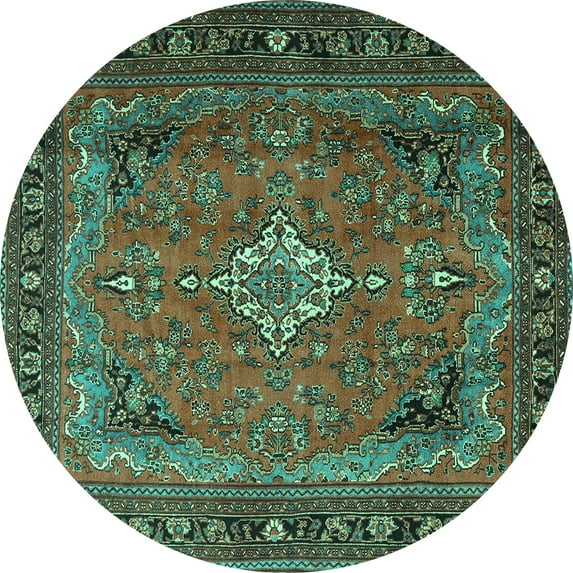 Ahgly Company Machine Washable Indoor Round Persian Turquoise Blue Traditional Area Rugs, 5' Round