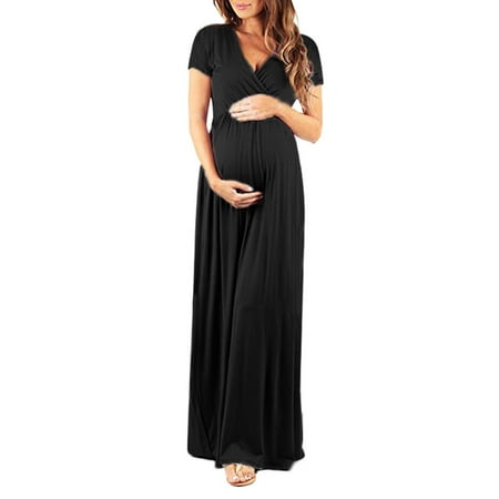

Juebong Womens Short Sleeve V-Neck Maternity Summer Flowy Gown Solid Long Maxi Dress Elasticity Pregnant Maternity Nursing Pregnancy Dresses for Photoshoot