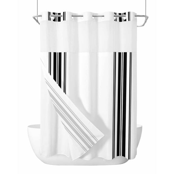 No Hook Shower Curtains with Detachable Snap-in Liner Set, Black White Stripe, Waterproof Hotel Style Bathroom Shower Curtain, Abstract Geometric Breathable Mesh Top Window Bath Curtains 72''x84''