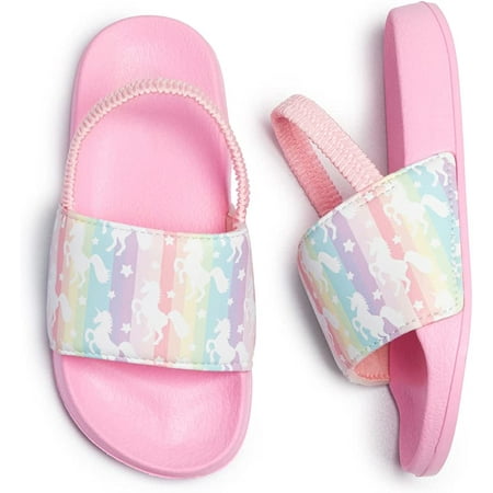

QWZNDZGR Toddler Girl Summer Beach Sandals Open Toe Slip-On Shoes Swim Pool Slides with Elastic Back Strap Flats Slippers