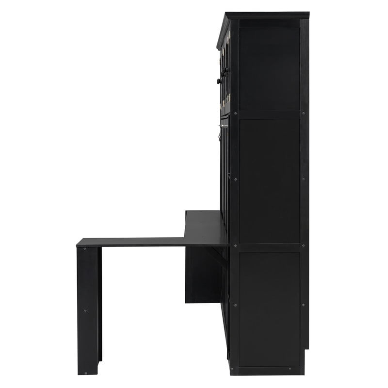Full Size Murphy Bed with Desk and Open Shelf, Space-Saving Wall Folding Platform Bed Frame with Rattan-Door Cabinets