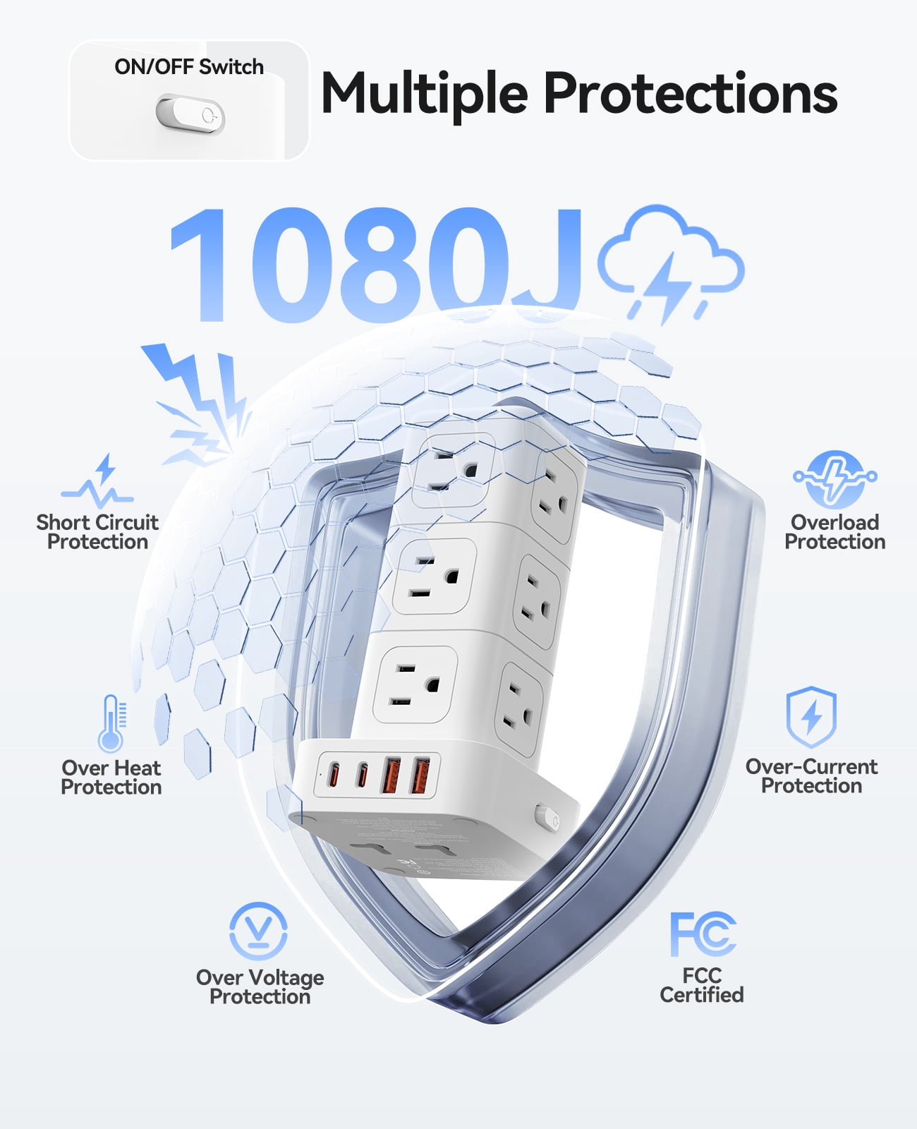 ORICO Power Strip Tower with Multiple Outlets, Tower Extension Cord with 12 AC Outlets 4 USB Ports (2 USB C), Space Saving Design, 5FT Cord Power Tower for Home, Office, Dorm - TPP20 (White)