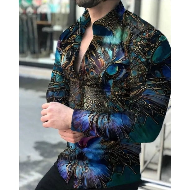 Camisa social de lujo para hombre, camisa con botones de solapa, camisa tipo cárdigan de manga larga con estampado de patrón irregular, camisa de calle para hombre para club de baile