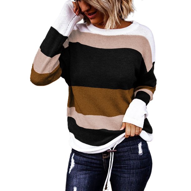 Chase Secret Women Striped Round Neck Color Block Sweater Long Sleeve Drawstring Hem Pullover