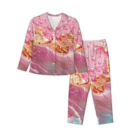Goofa Abstract Pink Gold Splash Printed Womens 2 Piece Pajama Set Super Pajamas Women s Long Sleeve Sleepwear Soft Button Down Loungewear Pjs Lounge Set Nightwear-XX-Large