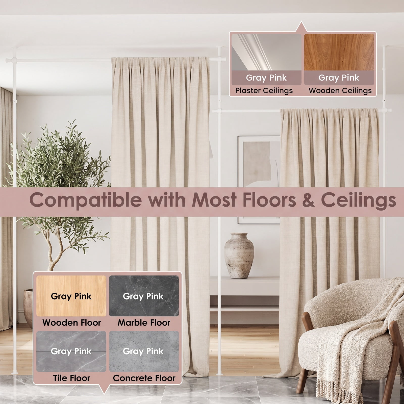 Vebreda Room Divider Curtain Rod with Adjustable Floor to Ceiling Tension Rod, NOTE, Drill-Free Setup, Flexible Sizing, Heavy-Duty Support