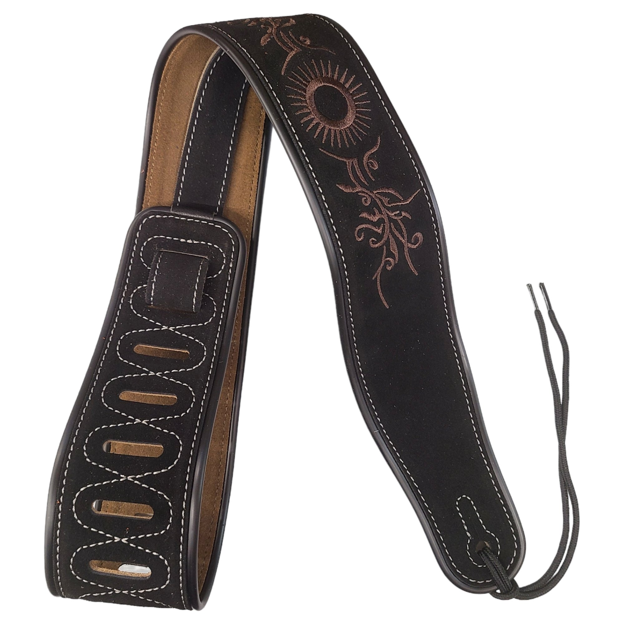 Leather Strap Acoustic Electric Guitar Bass Black Brown Notes Wide Thick Padded Black Suede Tribal Sun