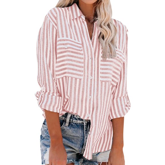 KBZDBZC Summer Tops for Women 2024 Woman Fashion Lapel Long Sleeve Loose Button Pocket Roll Sleeve Shirt Top Blouse for Women T-Shirt for Women Womens Shirts (Pink,L)