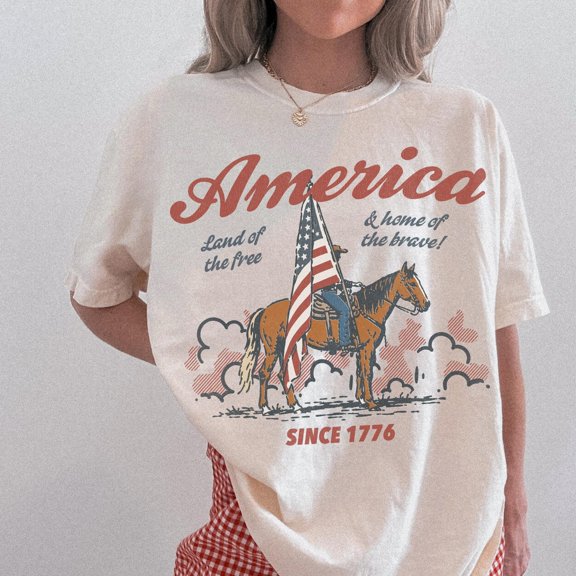 Retro American Cowboy Shirt Western 4th Of July Tshirt Trendy Oversized Fourth of July Tee Country Patriotic Shirt Comfort Colors