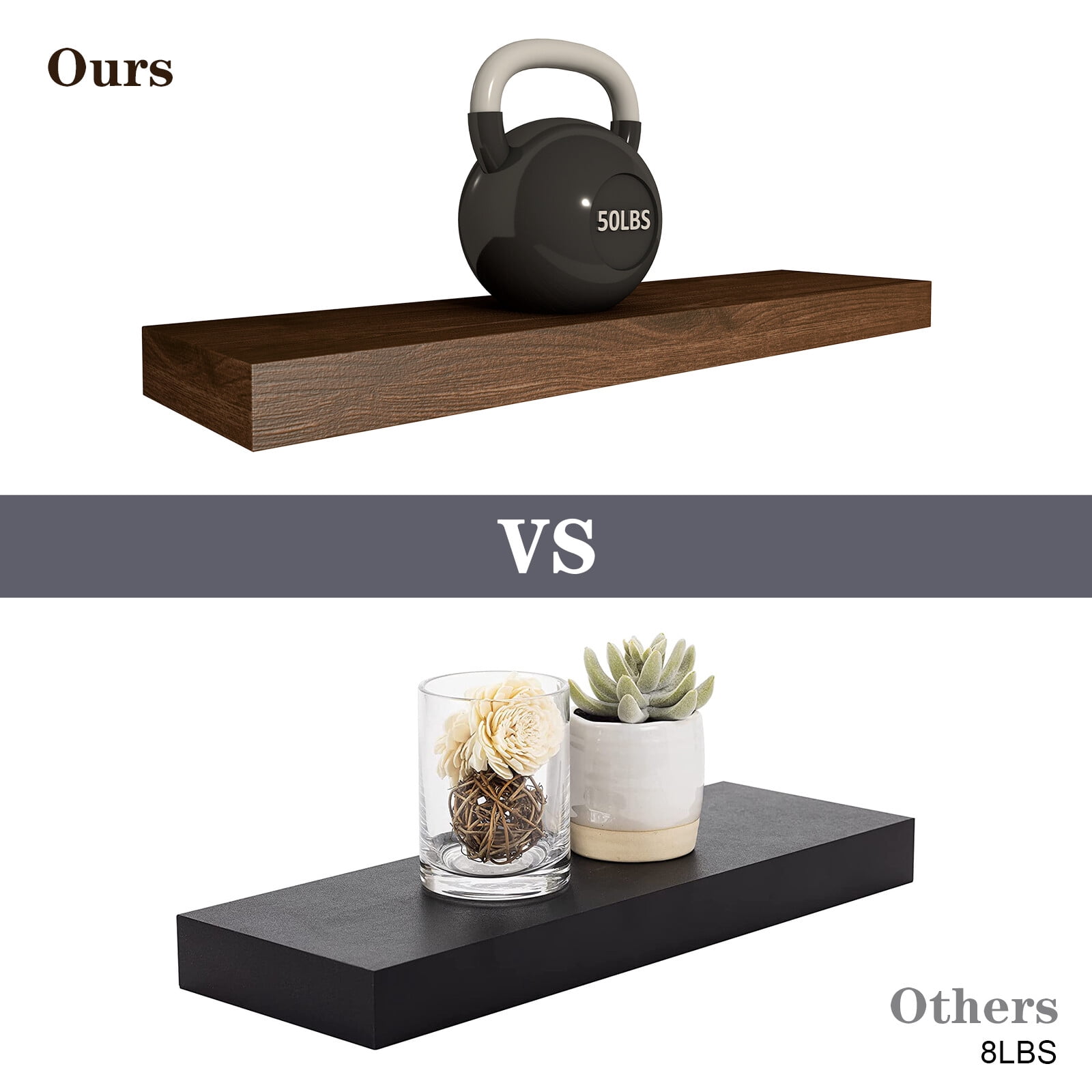 LINGJIA floating Wood Shelves Set of 2 - Rustic Shelf 24 inch - Wide Wooden Wall Shelves for Living Room Bedroom Kitchen Bathroom Farmhouse - Dark Walnut - 24" x 6.3"