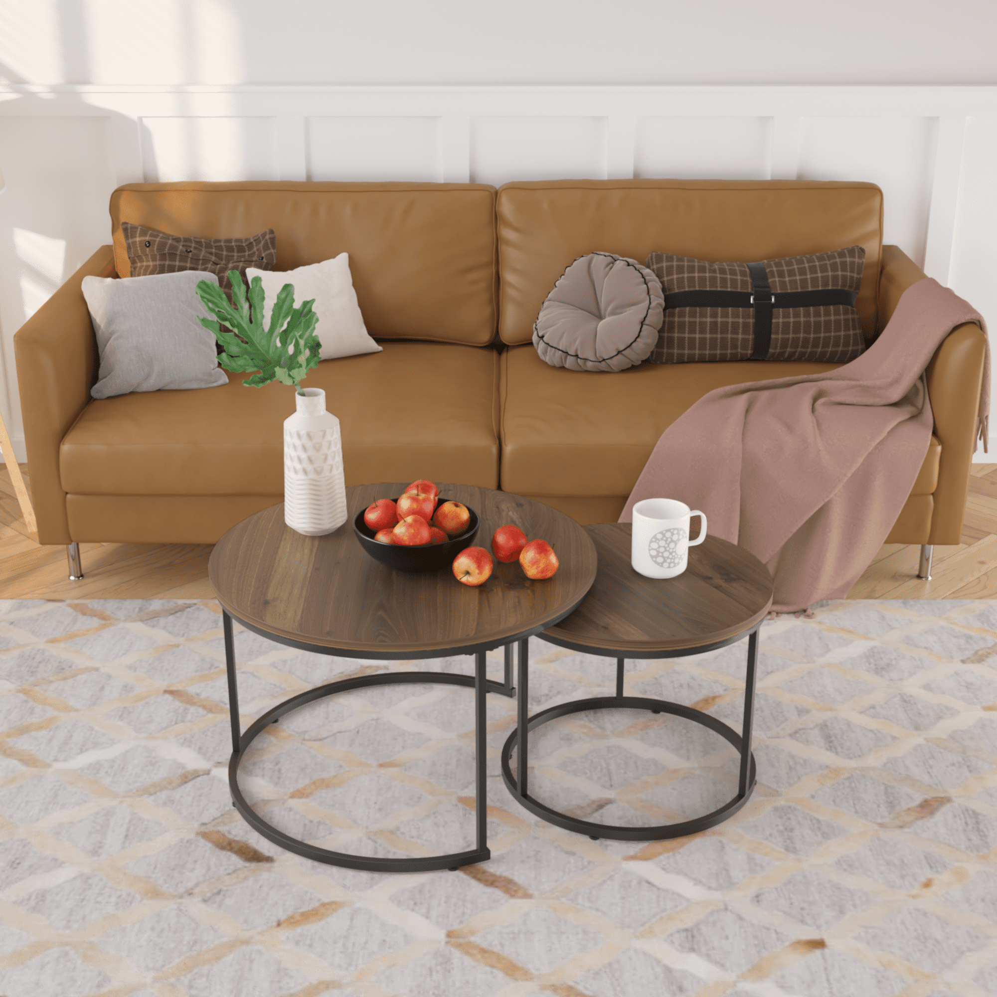 27.6" Nesting Coffee Table Set of 2, Round Coffee Table Wood Marble Pattern Top with Sturdy Metal Frame, End Table Side Tables for Living Room Bedroom Balcony Yard (Brown)