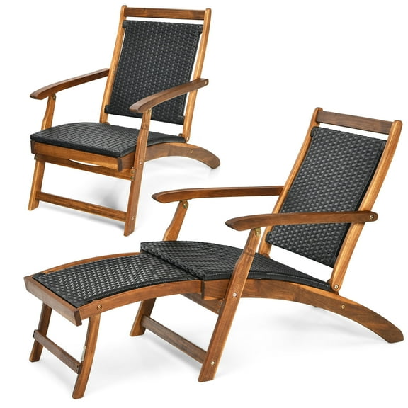 Gymax Set of 2 Folding Patio Acacia Wood Deck Chair Rattan Chaise Lounge Chair w/ Footrest