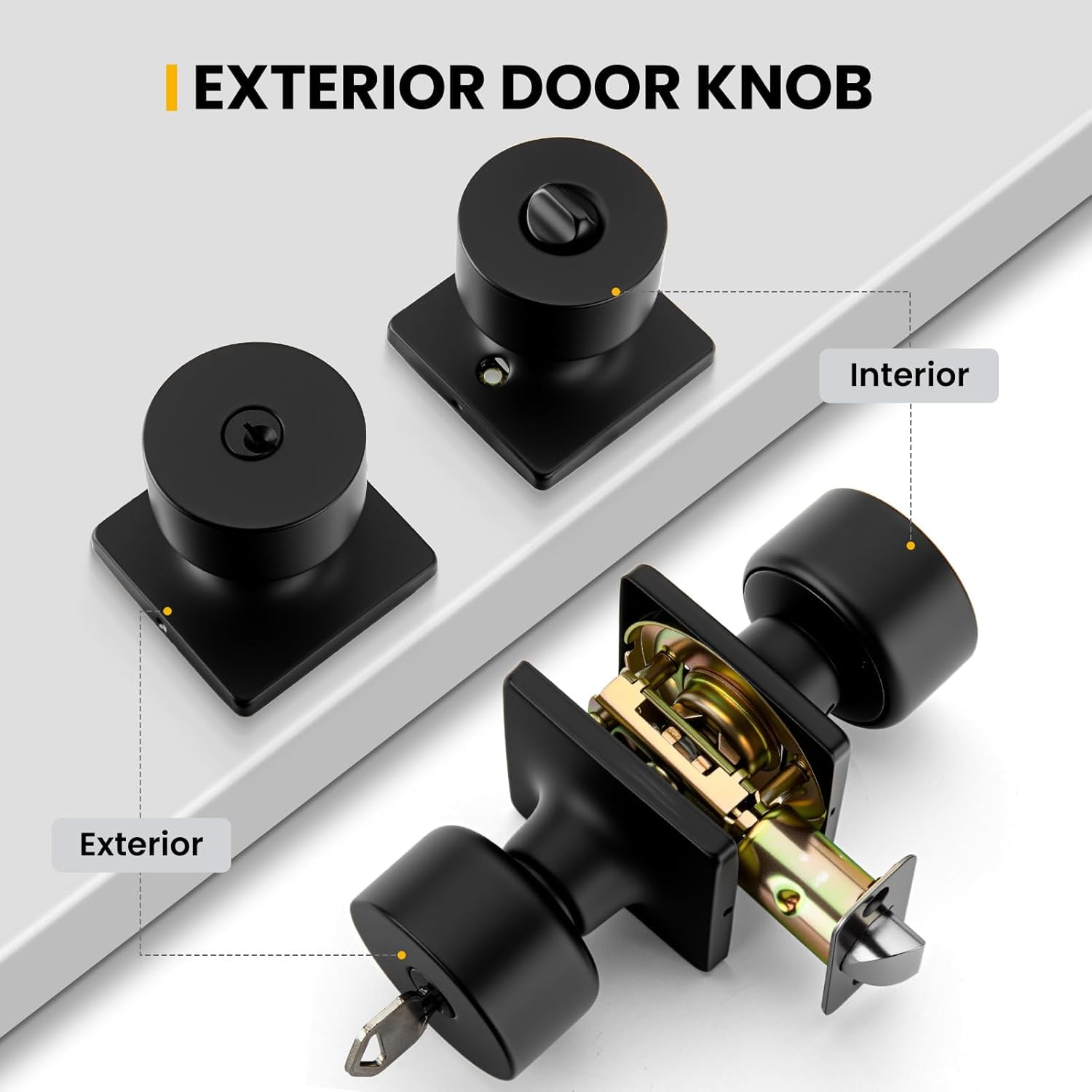 Matte Black Keyed-Alike Exterior Door Knobs, Front Door Knob with Lock and Key, Black Door Knobs Entry Door Knob 3 Pack