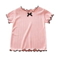 thumbnail image 2 of YunPes Tween Girls Ribbed Short Sleeve T Shirt Lettuce Trim Crew Neck Tees Tops Summer Cute Casual Bowknot Clothes for Kids, 2 of 5