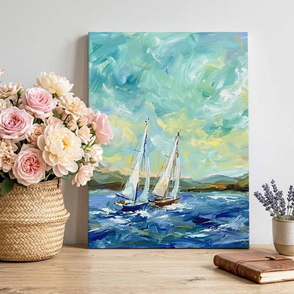 Canvas Wall Art Sailboat Rolling Waves Canvas Art Print Coastal Nautical Blue Green Oil Painting Pictures Wall Decor for Living Room Bedroom Artwork Decorations Stretched Framed Ready to Hang 16"x24"