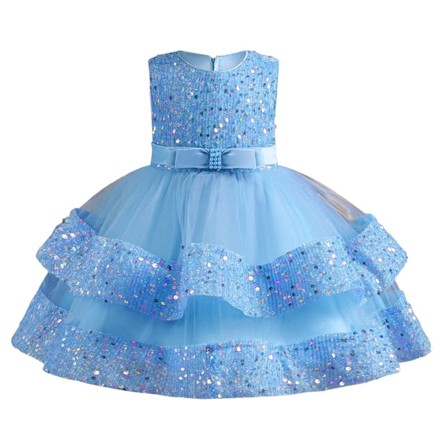 HXWCHs Robe Imprimée avec Appliqué de Perles Scintillantes et de Sequins, Robe de Fête/concours pour Filles, Robe d'Été pour Bleu 4-5 Ans
