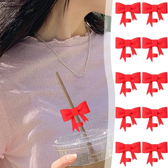 Tunhigl 10 Pack Colorful Bow Straw Toppers for 10mm Silicone Caps Spill-Proof Multi-Color Straw Covers for Summer Travel Parties & Outdoor Events Red