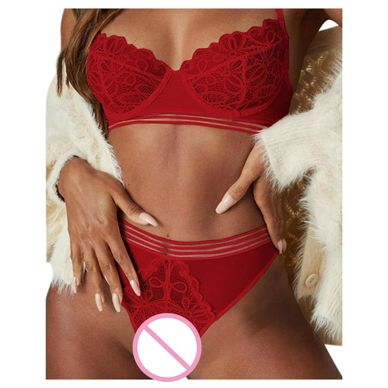Vedolay Bra And Panty Sets Plus Size 2 Piece Lingerie for Women Strappy Bra  and Panty Underwear Sets Lace Underwear Set for Women(Red,XL) 