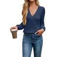 thumbnail image 3 of Blusas de Larga con Cuello en V para Mujer, Elegantes, Informales, de Otoño, con Mangas Abullonadas, Holgadas, Modernas. Azul Marino M, 3 of 9