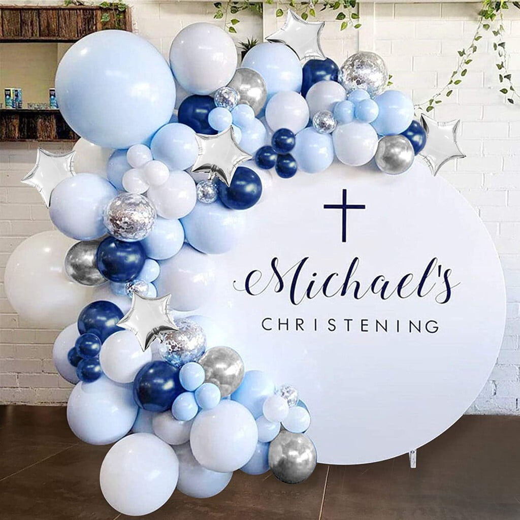 Macaron Blue Balloon Garland Arch Kit, Blue White Silver Latex Balloons Silver Confetti Balloon Arch Set, Party Decorations for Boys Girls Baby Shower Wedding Birthday Party Decor