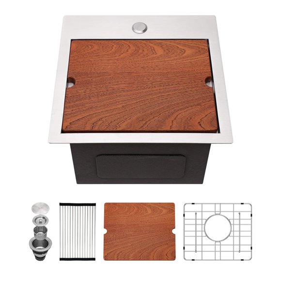 Kichae Drop In Kitchen Sink Bar Sink- 15x15 Small Overmount Topmount Stainless Steel Single Bowl Ledge Workstation Bar Prep Handmade Basin
