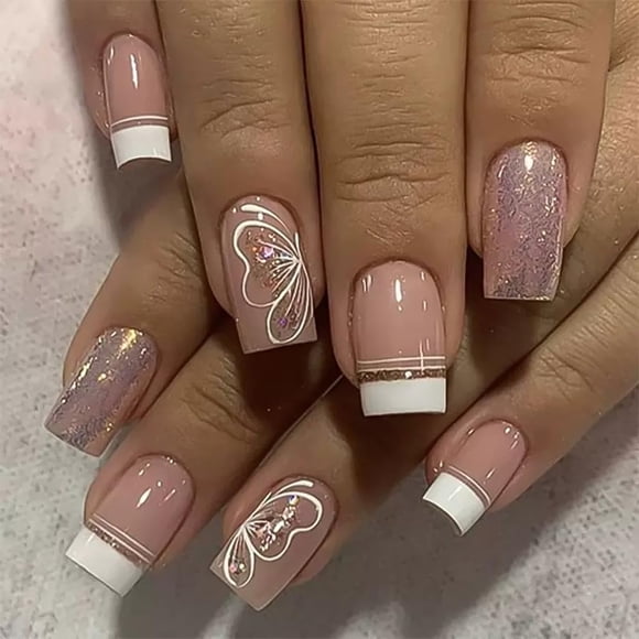 SPNBCQ Prensa Cuadrada En Las Uñas Uñas Falsas Medianas Uñas Acrílicas De Mariposa Punta Francesa Blanca Pegamento Brillante En Las Uñas 24 Piezas
