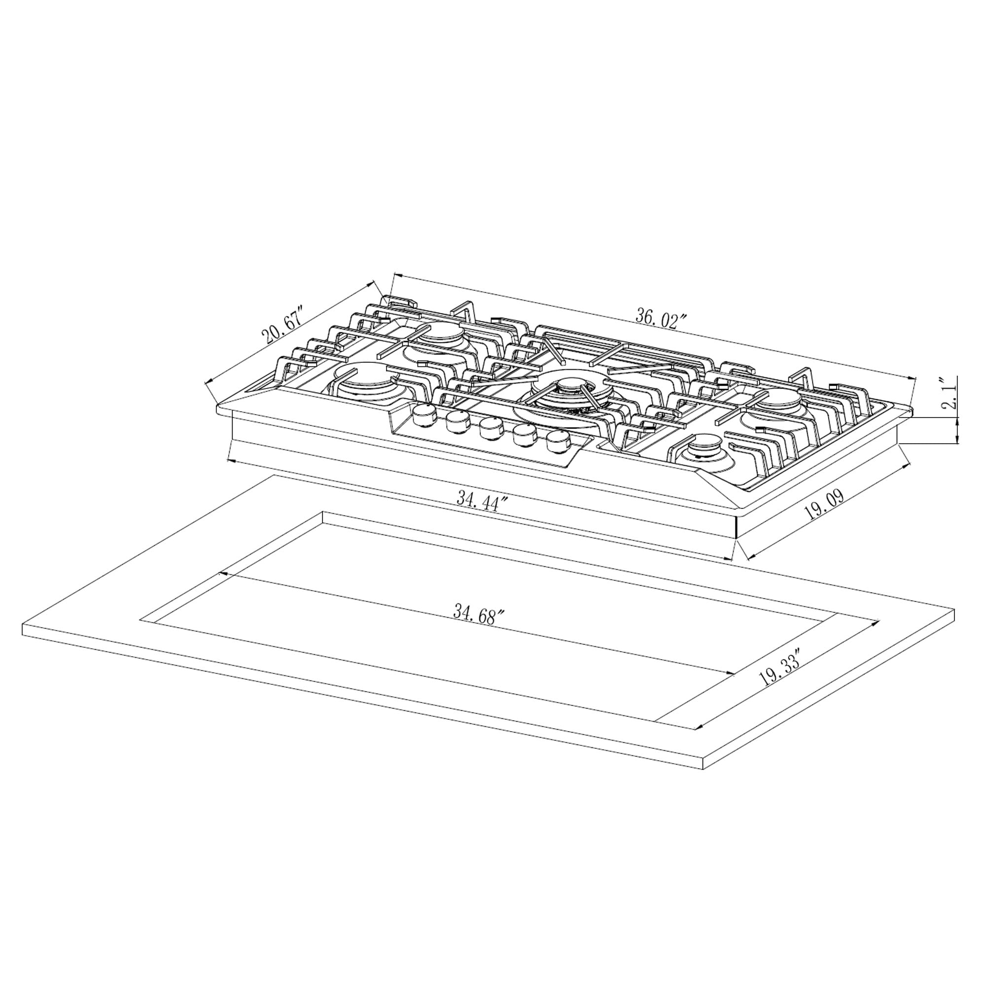 Empava 36'' Built-in Gas Stove Top - Stainless Steel LPG Natural Gas Cooktop - 5 Sealed Burners