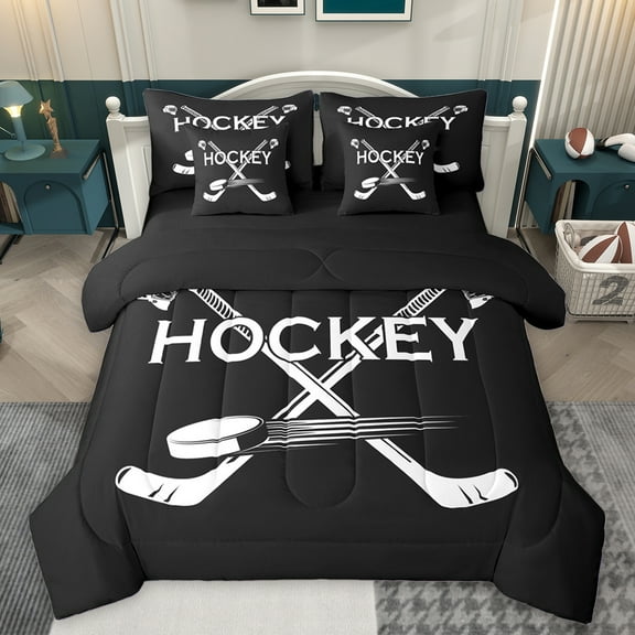 Homewish Hockey Sport 7-Piece Twin Bedding Sets,Ball Game Lover Bedding Comforter Set,Black White Sheet Sets For Boys Kids,Ultra Soft Home Decor Reversible