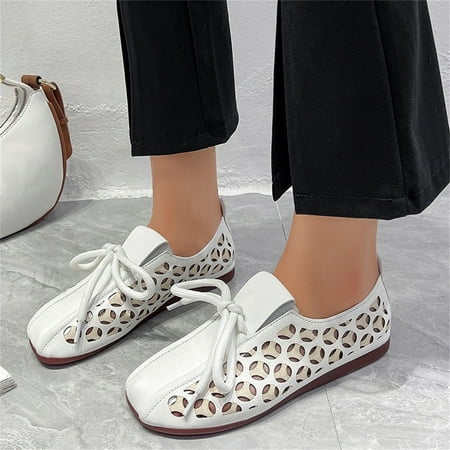 

ytjx ladies fashion solid color hollow out pumps retro flat lace up casual shoes