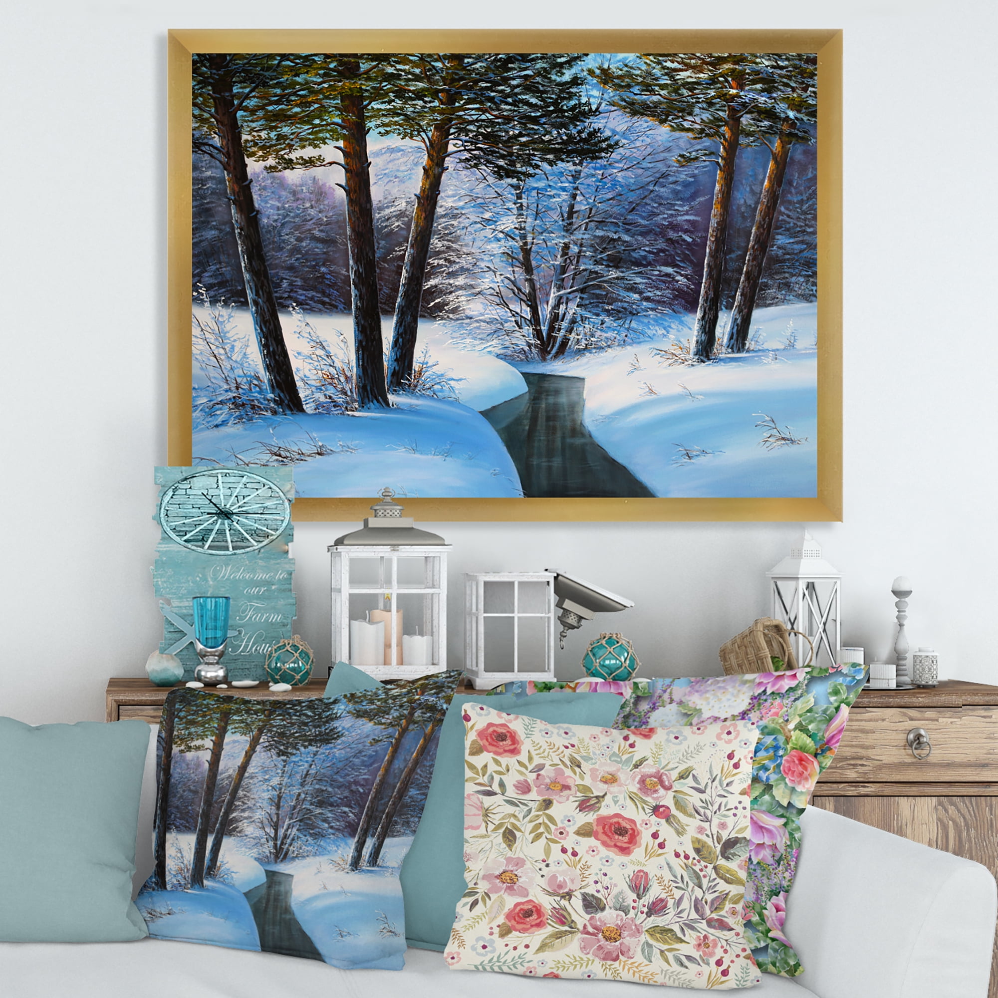 Designart 'Christmas Forest With Trees and River III' Traditional Framed Art Print