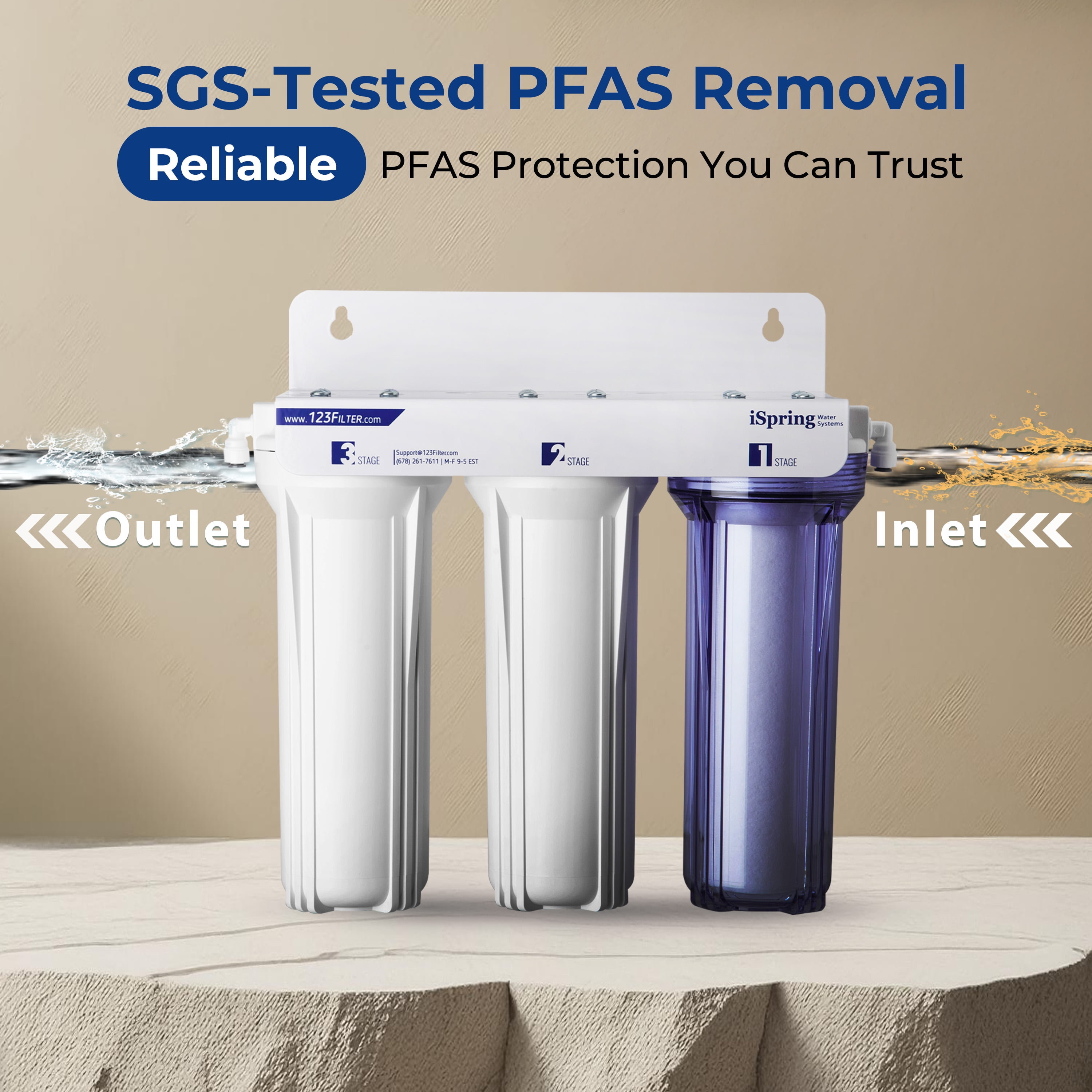 iSpring US31-PF 3-Stage Under Sink Water Filtration System, SGS-Tested to Reduces up to 99% PFOA & PFOS, 3-Stage Filtration Reduces Sediment, Chlorine, Taste & Odor, 2.5" x 10"