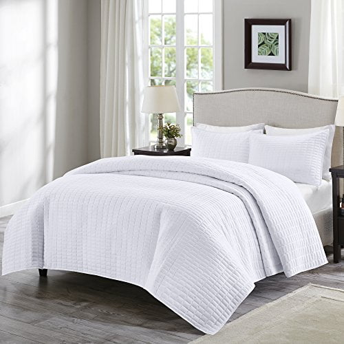 Comfort Spaces Kienna 2 Piece Quilt Coverlet Bedspread Ultra Soft Hypoallergenic Microfiber Stitched Bedding Set Twin/Twin XL Size White