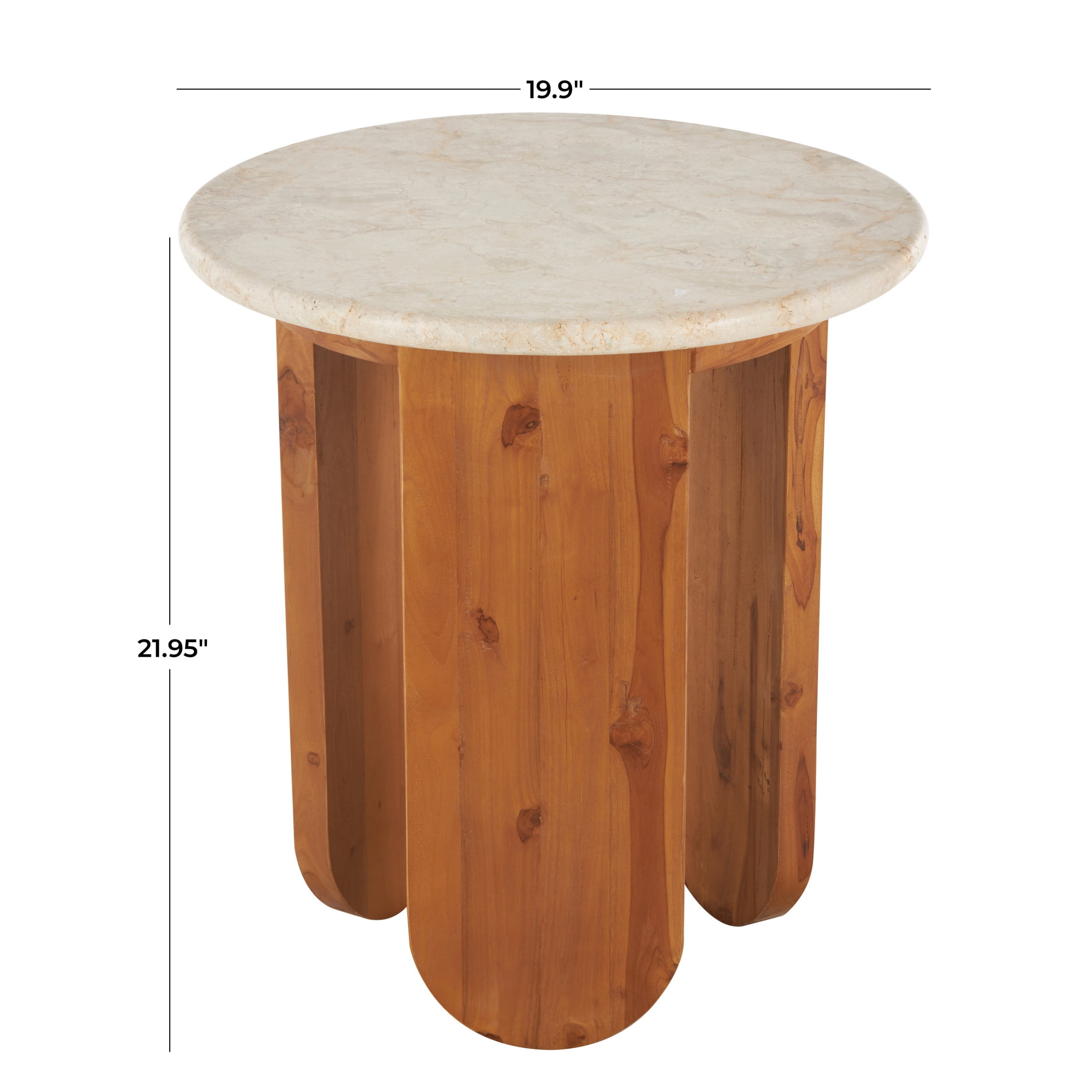 DecMode 20" x 22" Brown Teak Wood Handmade Accent Table with Beige Marble Tabletop, 1-Piece
