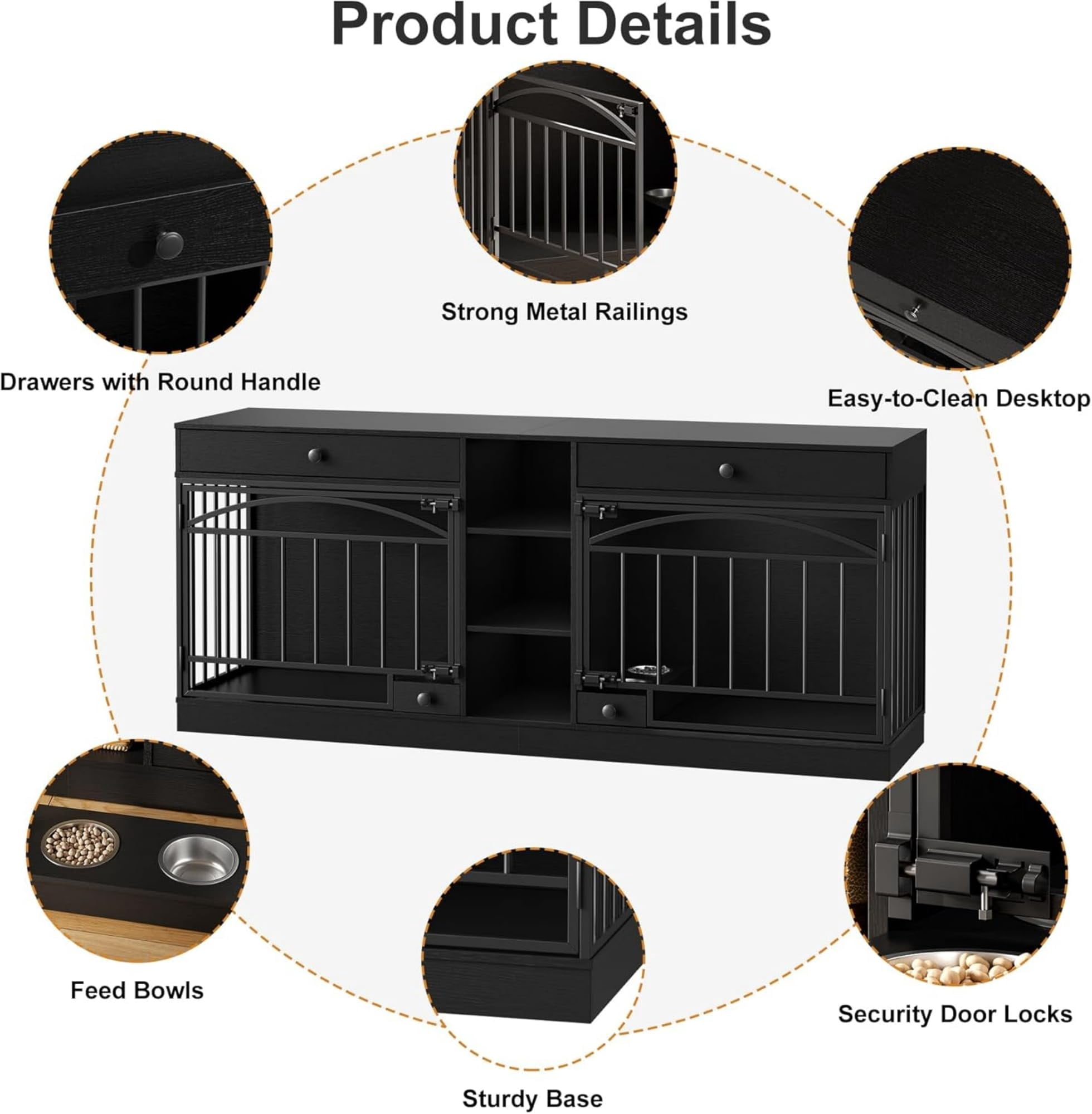 Accreate Dog Crate Furniture for 2 Dog, 78.7'' Large Dog Kennel Indoor with 2 Storage Drawers, 3 Shelves and Feeding Bowls, Double Dog Crate TV Stand for Small and Medium Dogs