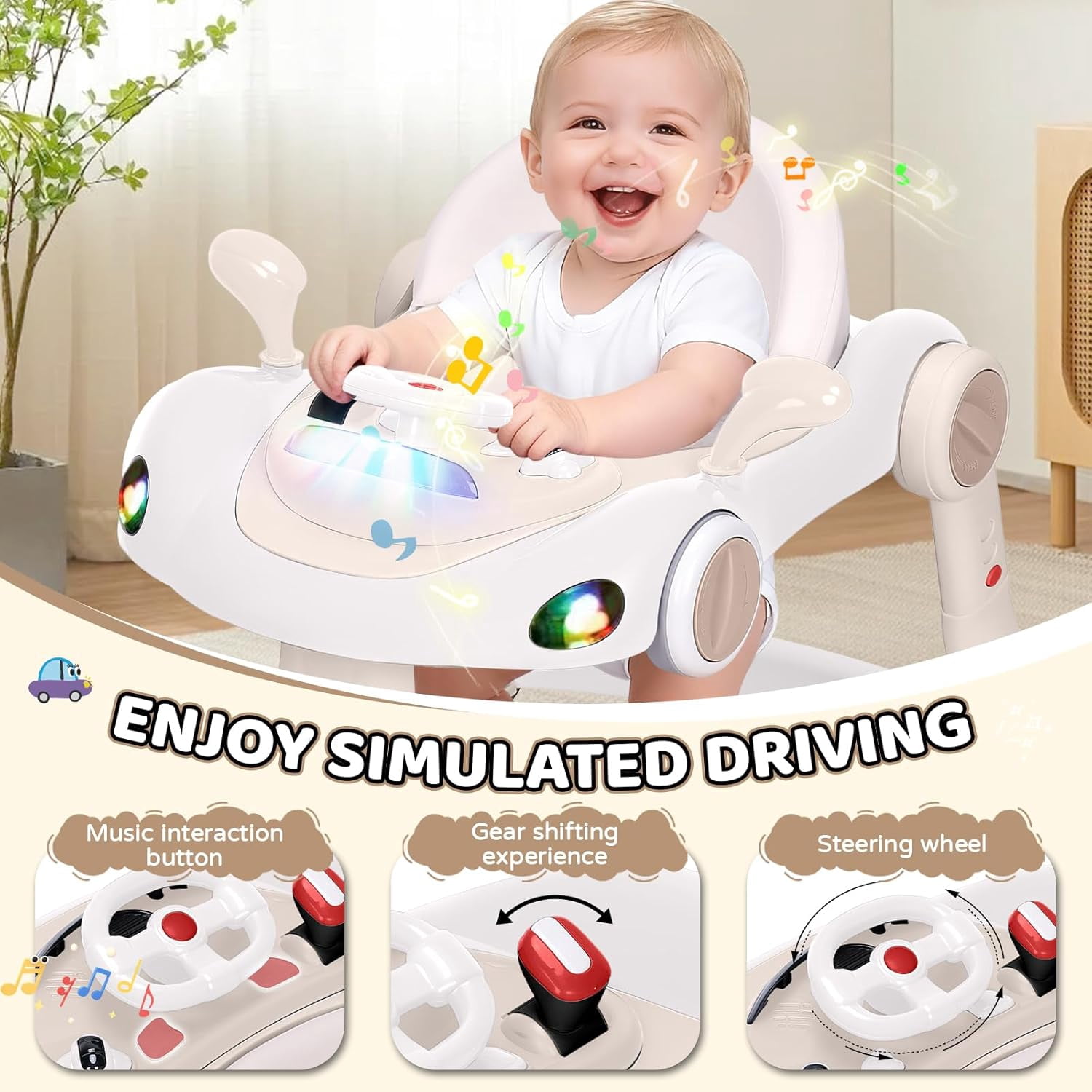 5 in 1 Baby Walker for Boys Girls,Foldable,Music,Jumper,Rocking,Push W/ 3 Height Adjustable for Infant 6-18 Months,Beige