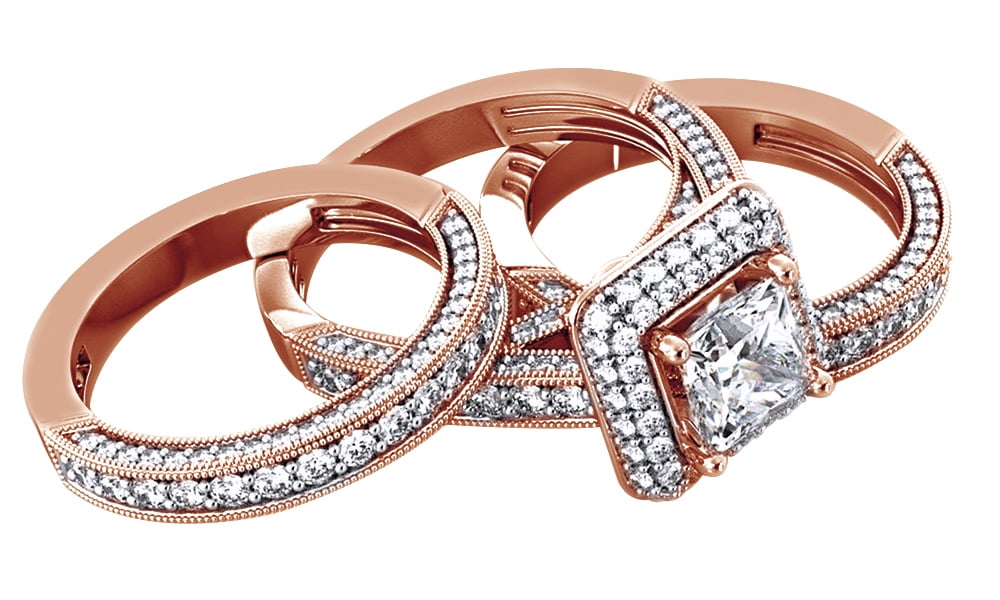 White Natural Diamond Engagement & Wedding Trio Band Ring Set In 10k