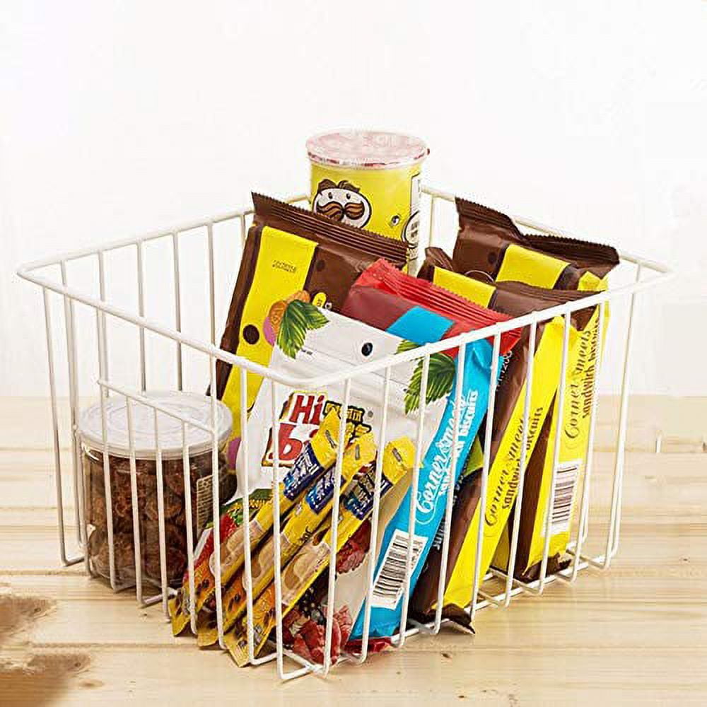 SANNO Deep Refrigerator Freezer Baskets, Large Household Wire Storage Basket Bins Organizer with Handles for Kitchen, Pantry, Freezer, Cabinet, Closets, Pearl White, Set of 2