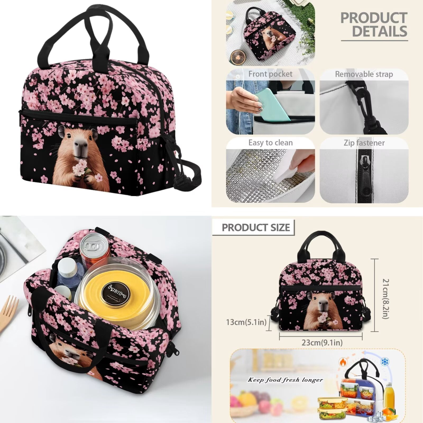 Pzuqiu Cherry Blossom Capybara Kids Backpack for School Girls Backpacks with Lunch Box Pencil Case Backpack for Kids Large Travel Daypack,17 Inch Bookbags School Bag Set of 4