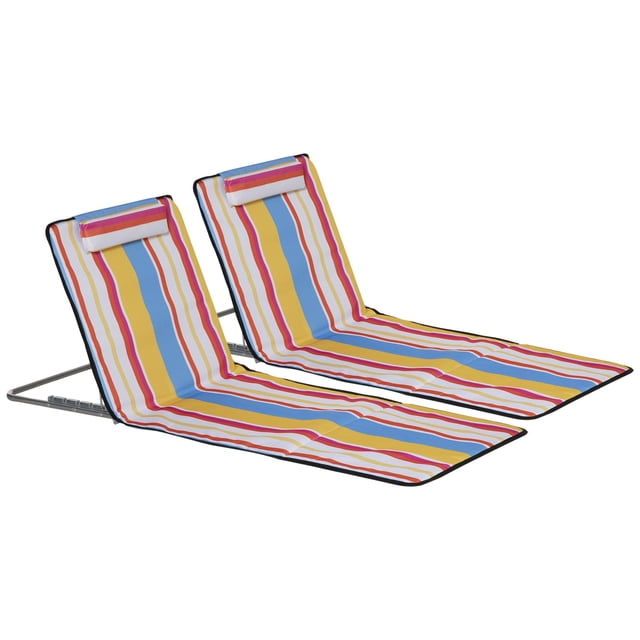 Ensemble de 2 Chaises Longues de Plage Rembourrées, Chaises Longues Pliables avec Dossier Réglable à 5 Angles, Cadre en Acier et Appuie-Tête, Tapis Portables à Rayures Colorées pour Cour Arrière, Bord de Lac, Piscine
