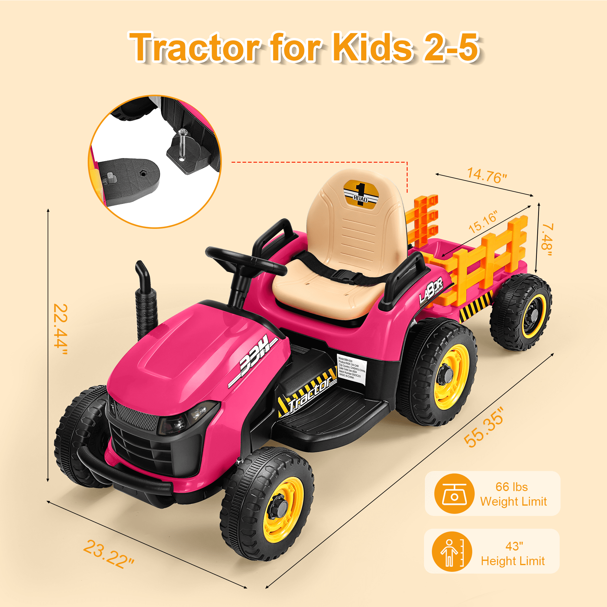 East doll 12V Ride on Tractor with Tiltable & Detachable Trailer, up to 3.1Mph Truck with Parental Remote, Music Player, Bluetooth Function & Headlight