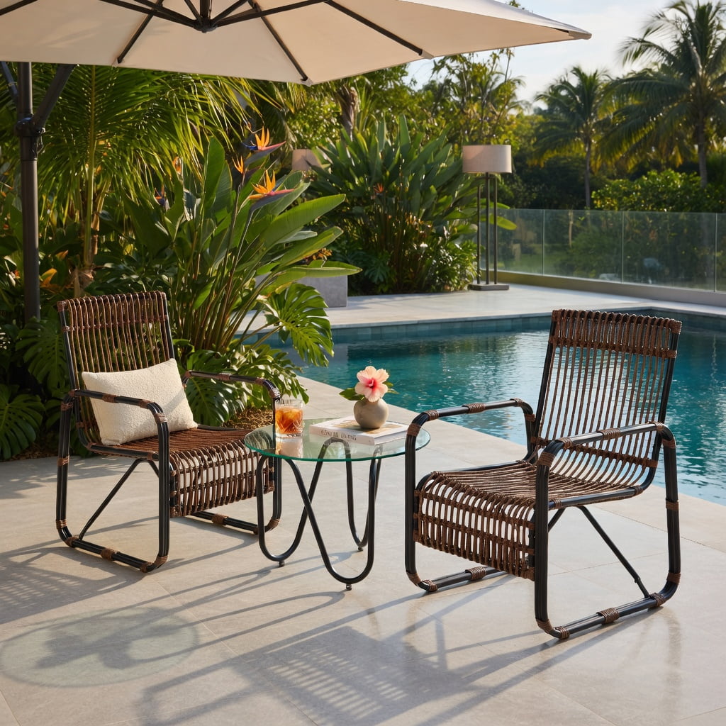 Hommoo 3-Piece Outdoor Rattan Patio Furniture Set, 2 Ergonomic Wicker Chairs + Tempered Glass Side Table for Balcony, Garden & Poolside， Brown & Black