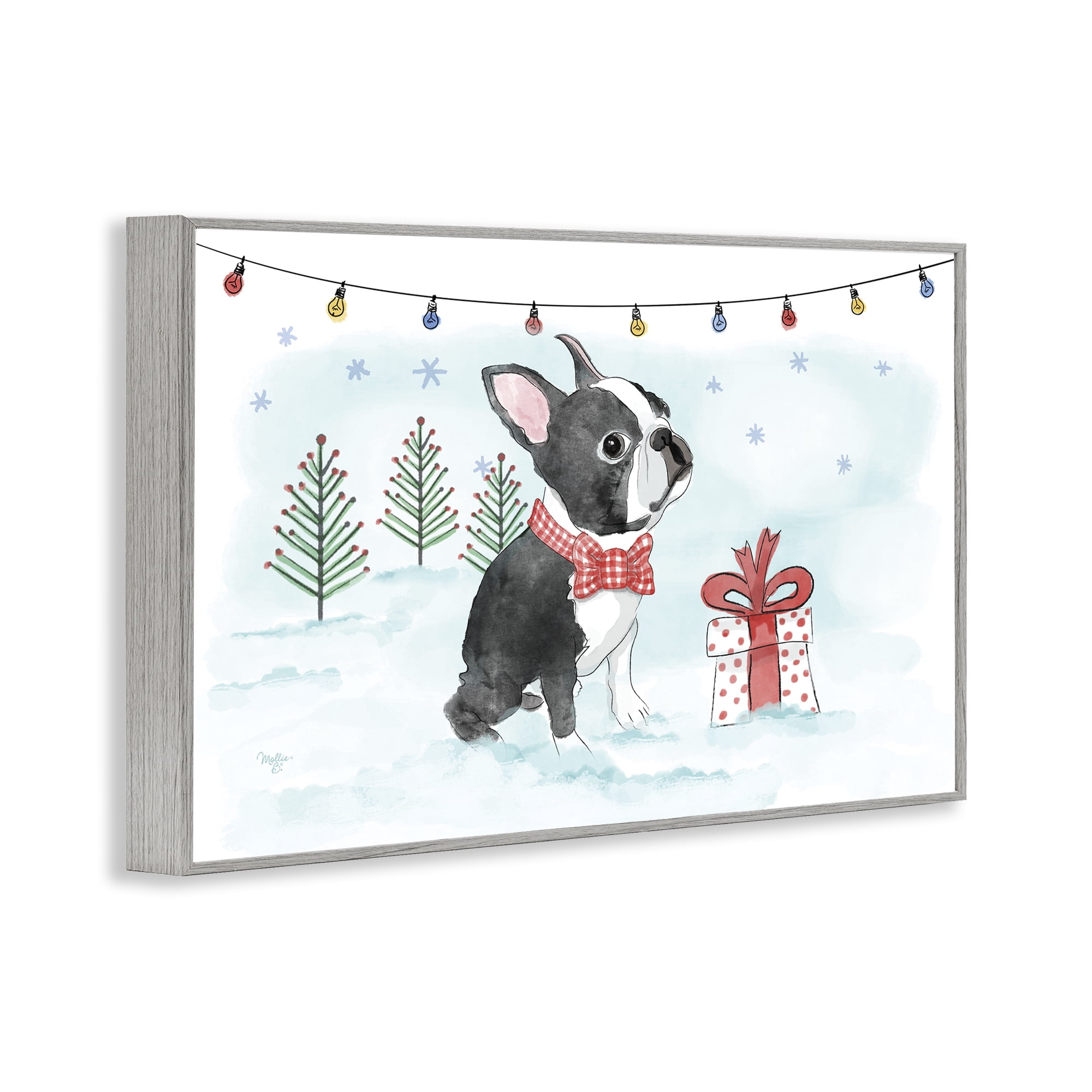 Stupell Industries Snowy Boston Terrier Holiday Painting Gray Framed Art Prints Wall Art, 30 x 20