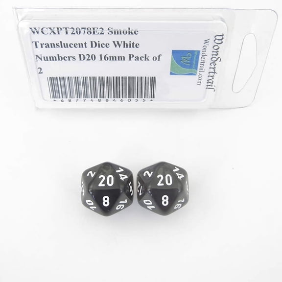 Smoke Translucent Dice with White Numbers D20 Aprox 16mm (5/8in) Pack of 2 Wondertrail
