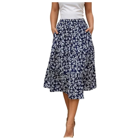 BUWTTER Womens Skirts Casual Midi Flowy Below Knee Spring Summer Fall Basic Floral Print Boho Casual Blue Skirt L