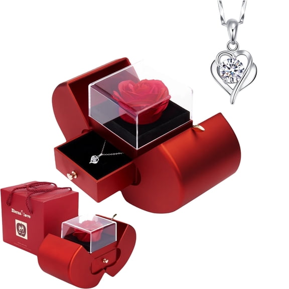Preserved Red Real Rose with Heart I Love You Necklace -Eternal Flowers Rose Birthday Gifts for Women Her Mom Wife Girlfriend Grandma on Valentines Mothers Day Christmas Anniversary Romantic-Red