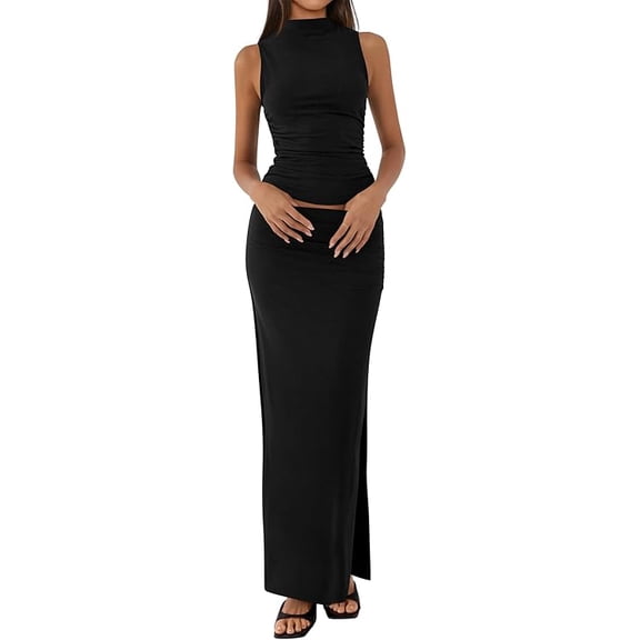 BTFBM Womens Two Piece Outfits Summer Lightweight Mock Neck Sleeveless Knit Tops Maxi Skirt Set Going Out Dress